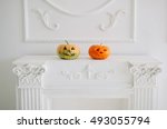 Halloween pumpkins on luxury white wall design bas-relief with stucco mouldings roccoco element