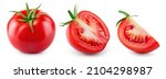Small photo of Tomato isolated. Tomato whole, half and slice on white background. Tomatoes with clipping path.