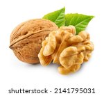 Walnut with leaf isolate. Walnut peeled and unpeeled with leaves on white. Walnut nut side view. Full depth of field.