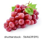 Ripe red wet grape with drops. Pink bunch with leaves isolated on white. With clipping path. Full depth of field.