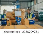 Small photo of Warehouse workers organize goods by size, shape, category. Handle customer orders by collecting items from storage, wrapping, sealing, packing, labeling them for shipment. Preparing delivery date.