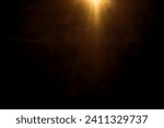 golden sun light effect. Glowing sunrays on black background. Light rays or sun beam vector background. Abstract gold light sparkle flash spotlight backdrop with yellow, gold sunlight shine on black 