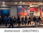 Small photo of New York NY USA-March 29, 2023 Theatrelovers mob the Lunt-Fontanne Theatre in the Theater District in New York to enter to see the revival of Sweeney Todd: The Demon Barber of Fleet Street