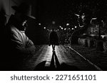 man spy agent detective in raincoat and hat in night city with rain in style of film noir. Collage with dark male silhouettes