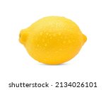 Ripe whole yellow lemon citrus fruit with water drops isolated on white background