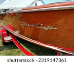 Small photo of St. Michaels, Maryland, USA-June 17, 2023. An antique Chris-Craft runabout boat at the Chesapeake Bay Maritime Museum antique and classic boat festival.