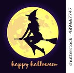 beautiful young witch in hat... | Shutterstock .eps vector #489667747