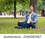 Digital detox concept - a bearded middle-aged man taking a break from the hustle and bustle of the city. He is meditating in the park under a tree.