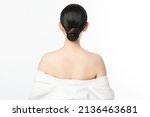 Beautiful young asian woman back view with clean fresh skin on white background, Face care, Facial treatment, Cosmetology, beauty and spa, Asian women portrait.