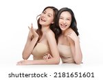 two Beautiful young asian woman with clean fresh skin on white background, Face care, Facial treatment, Cosmetology, beauty and spa, Asian women portrait.