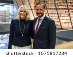 Small photo of 23.04.2018. RIGA, LATVIA. Crown Prince Haakon , Crown Princess Mette-Marit of the Kingdom of Norway at press conference in National Library of Latvia.