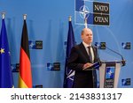 Small photo of BRUSSELS, BELGIUM. 24th March 2022. Olaf Scholz, Chancellor of Germany, during press conference after NATO extraordinary SUMMIT 2022.