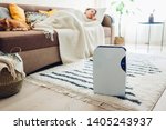 Small photo of Dehumidifier with touch panel, humidity indicator, uv lamp, air ionizer, water container works at home while woman sleeping. Air dryer