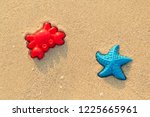 Small photo of Plastic colored shapes for children play with sand on the beach. Baby plastic molds lying in the sand on the seabeach. Two bright summer toys - red crab and blue starfish in the sand in sunny day.