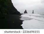 Black beach, strong waves and cliffs in Iceland