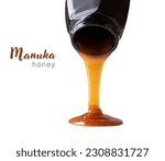 Small photo of Image of Manuka honey pouring from the honey jar with the text Manuka Honey