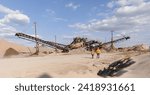 Small photo of Team of industrial workers inspect sand quarry and check Industry machine for stone crusher, belt conveyor. Banner open pit mine factory.