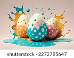 Creative minimal concept. Easter day. Polka dot eggs splashed with paint explosion isolated on background. view, mock up, copy space. view	
