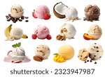 Small photo of Ice cream scoop ball with fruits toppings on white background cutout. Many assorted different flavour Mockup template for artwork design.