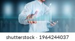 Small photo of Money businessman touch virtual screen screen displaying a crypto currency featuring stock tickers or graphs. Stock trading platform concept. professional financial. Stock market data candlesticks.