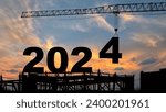 Small photo of crane lifting number 4 come down to 2024 , prepare for welcome beginning new year 2024 with silhouette construction site , sunrise sky at background for start and reach new goals for year 2024.
