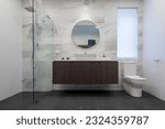 Small photo of modern bathroom with shower, wooden vanity, duo sink and double mirrors