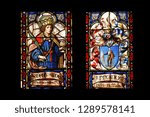 Small photo of ZAGREB, CROATIA - JANUARY 20, 2014: St. Edward and the coat of arms of prebendary Eduardo de Talliana Vizek, stained glass in Zagreb cathedral dedicated to the Assumption of Mary