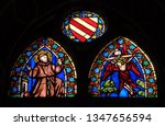 Small photo of FLORENCE, ITALY - JANUARY 10, 2019: Stigmatization of St Francis, stained glass window, Cappella Baroncelli in the Basilica di Santa Croce - famous Franciscan church in Florence, Italy