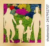 Small photo of A fretwork wooden veneer painting depicting a family against a background of colorful lichens. The artwork radiates the warmth of nature, with the intricate details highlighting love and familial unit