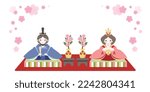 Hina dolls are displayed with a background of peach blossoms. This is an illustration of Hina Matsuri, a traditional Japanese event.