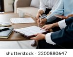 Small photo of businessman reading documents at meeting, business partner considering contract terms before signing checking legal contract law conditions
