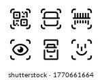 QR code scan, Barcode Scan and Face Recognition icon set. Mobile Scan vector icons. Scanning of Codes and Objects. Check Code icons.