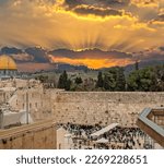 Small photo of Ruins of Western Wall of ancient Temple Mount is a major Jewish sacred place and one of the most famous public domain places in the world, Jerusalem