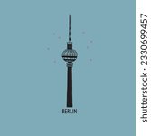 Berlin TV tower city symbol vector illustration. German architecture and inscription Berlin with hearts. Design element for postcard, print, template, logo, t-shirt print, souvenirs, label. Hand drawn