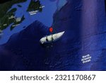 Small photo of New York, United States of America - 2023 June 21: Missing Titanic submarine OceanGate place of disappearance on map. Selective focus on map.