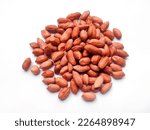 Dry raw peanuts without shell isolated on white background. Peanuts are also known as groundnut, earthnut, goober or monkey nut.Heap of peanuts.Close up view of peanut, groundnut.Unpeeled red peanuts.