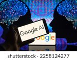 Small photo of Google AI sing displayed on mobile and AI brain on screen are seen in this photo illustration. On 5 February 2023 in Brussels, Belgium.