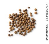 Small photo of Pile of allspice isolated on white background top view. Jamaica pepper, allspice peppercorns or myrtle pepper close up