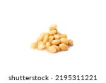 Small photo of White kidney beans isolated. Cooked cannellini bean pile, baked legume, canned yellow beans, Phaseolus vulgaris, haricot stew, boiled leguminous ingredient on white background side view