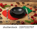 Christmas Dinner Wood Table Setting. Xmas Dinner Background, Festive Rustic Restaurant Decoration, Christmas Lunch, Dining Invitation, New Year Party Mockup
