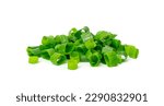 Small photo of Green Onion Cuts Isolated, Scattered Fresh Chive Pile, Chopped Green Leek, Scallion Greens Pieces Chopped Chives, Spring Onion on White Background Top View