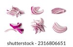 Small photo of Red Onion Cuts Isolated, Raw Purple Onion Slices, Chopped Purple Onion Pieces on White Background