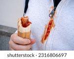 Small photo of Ketchup Stain Shirt, Hotdog Splashes Tomato Sauce on Clothes, Catsup Stain, Ketchup Drops Spill, Red Dressing Dripping, Clumsy Woman Dirty Shirt