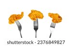 Small photo of Chicken Strips on Forks Isolated, Breaded Nuggets, Crispy Fry Chicken Meat, American Deep Fried Crunchy Fillet Pieces on White Background