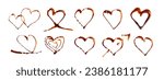 Small photo of Chocolate Sauce Heart Set Isolated, Choco Sauce Drop, Love Symbol Smear Line, Melt Chocolate Heart, Cocoa Sauce Flat Strokes, Brown Syrup Decoration, Soy Sauce Hearts on White Background