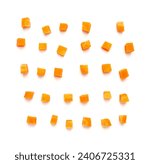 Small photo of Fresh Diced Carrot Isolated, Raw Carrot Cubes Closeup, Chopped Orange Root Vegetable, Diced Carrots Pile on White Background Top View