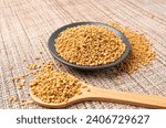 Small photo of Fenugreek Seeds Pile, Dry Trigonella, Spicy Methi Dana Grains in Wooden Spoon, Indian Kitchen Seasoning Ingredient, Dry Yellow Fenugreek Seed Condiment