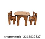 Small photo of small toy furniture chairs and table made of ply wood details cut with laser machine tool isolated on white background