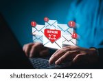 Small photo of Cyber security awareness, suspect emails alert on virtual screen, e-mail inbox with spam virus message caution sign for threat notification. Harmful, Trash and junk mail, Spam mail pop-up warning.