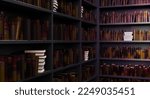 closeup of library shelves with out of focus background corner. 3d rendering